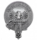MacDonald of Ardnamurchan Clan Crest Badge in Pewter, a traditional cap badge or brooch featuring a belted design representing the clan member.