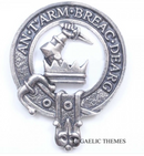 MacQuarrie Clan Crest Badge in Pewter, a stylish pewter badge featuring the traditional belted design for cap or brooch wear.