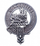 Close-up view of the MacTavish Clan Crest Badge in Pewter featuring a strong locking safety pin design.