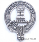 Malcolm Clan Crest Badge in Pewter, showcasing the traditional belted design suitable for cap or brooch use.