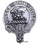 Strange Clan Crest Badge in Pewter showcasing traditional design, perfect for cap or brooch wear, featuring a belted clan crest indicative of clan membership.