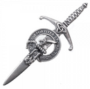 Clan Crest Pewter Kilt Pin featuring Elliot Crest, handcrafted in Scotland with antique palladium finish, perfect for adding a touch of tradition to your attire.