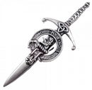 Clan Crest Pewter Kilt Pin with Fletcher Crest featuring an antique palladium finish, hand-cast in Scotland, and approved by the Standing Council of Scottish Chiefs, perfect for traditional Scottish attire.
