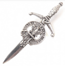 Clan Crest Pewter Kilt Pin featuring the MacDonald of Keppoch Crest, beautifully crafted in Scotland with an antique palladium finish.