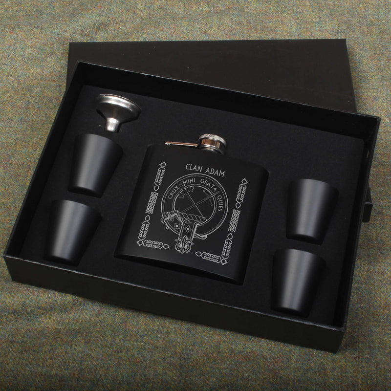 Adam Clan Crest engraved 6oz Matt Black Hip Flask Gift Set with Cups and Funnel