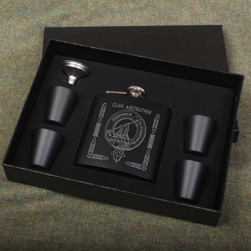 Anstruther Clan Crest engraved 6oz Matt Black Hip Flask Gift Set with Cups and Funnel