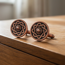Celtic Shield Copper Cufflinks elegantly displayed in a Sgian Dubh Co presentation box.