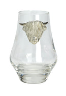 Highland Cow Whisky Tasting Glass with handcrafted pewter design, showcasing a Highland cow, perfect for enjoying whisky aromas.