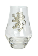 Lion Rampant Whisky Tasting Glass with handcrafted pewter lion rampant design, perfect for enhancing whisky flavors, presented in a stylish box.