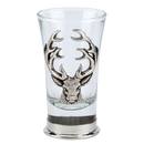 Clear glass shot glass with deer head design on a white background