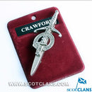 Clan Crest Pewter Kilt Pin featuring the Crawford Crest, beautifully crafted in Scotland with an antique palladium finish, perfect for any Scottish attire.