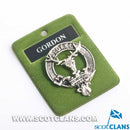 Gordon Clan Crest Badge in Pewter, a stylish and high-quality palladium coated pewter badge designed for clan pride, featuring a traditional locking safety pin design and generous size of 40mm (1.75"), perfect for wearing as a cap badge or large brooch.