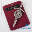 Clan Crest Pewter Kilt Pin featuring the Jardine Crest with antique palladium finish, showcasing traditional Scottish craftsmanship.