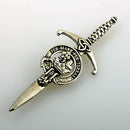 Clan Crest Pewter Kilt Pin featuring the MacDonald Crest, crafted from high-quality pewter with an antique palladium finish, perfect for showcasing Scottish heritage.