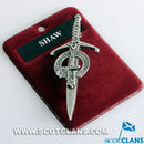 Clan Crest Pewter Kilt Pin with Shaw Crest featuring antique palladium finish, hand-crafted in Scotland, ideal for traditional Scottish attire.