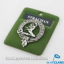 Strachan Clan Crest Badge in Pewter showcasing a detailed design with a traditional safety pin, ideal for displaying clan heritage.