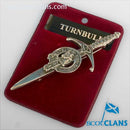 Clan Crest Pewter Kilt Pin featuring the Turnbull Crest, crafted in antique palladium finish, perfect for Scottish heritage and traditional attire.