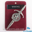 Clan Crest Pewter Kilt Pin with Young Crest - beautifully crafted pewter broadsword style kilt pin with an antique palladium finish, representing Scottish tradition.