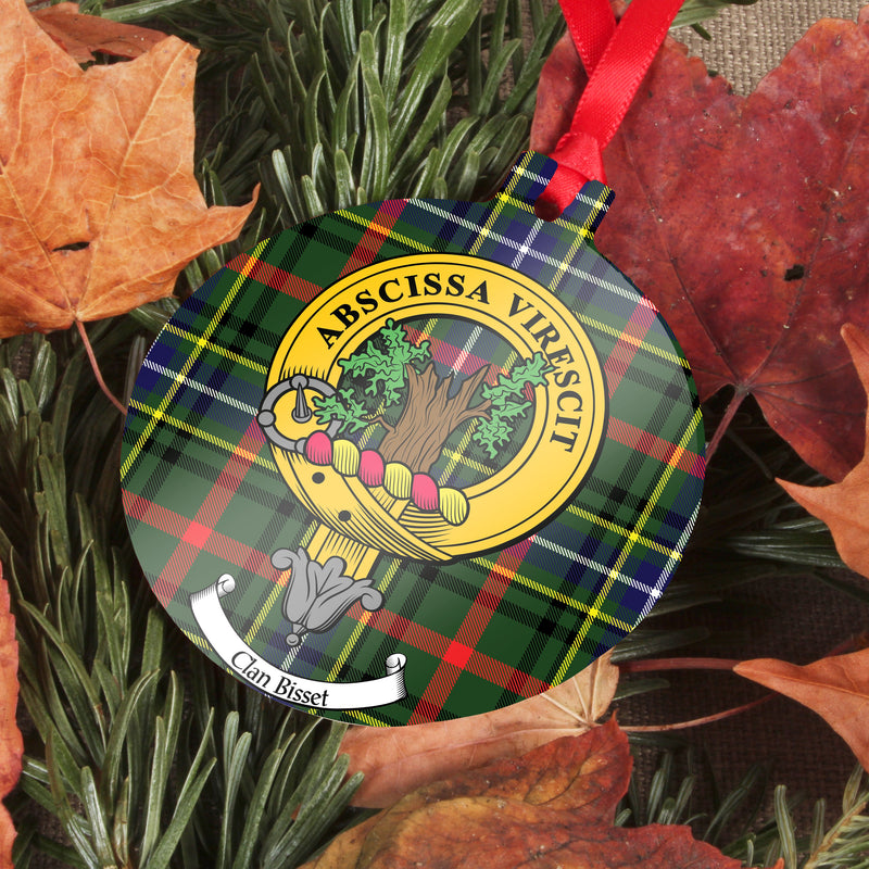 Bisset Clan Crest and Tartan Metal Christmas Ornament - 6 Styles Available