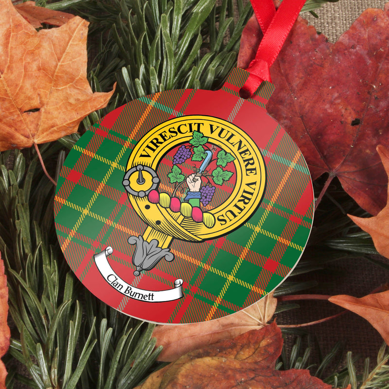 Burnett Clan Crest and Tartan Metal Christmas Ornament - 6 Styles Available