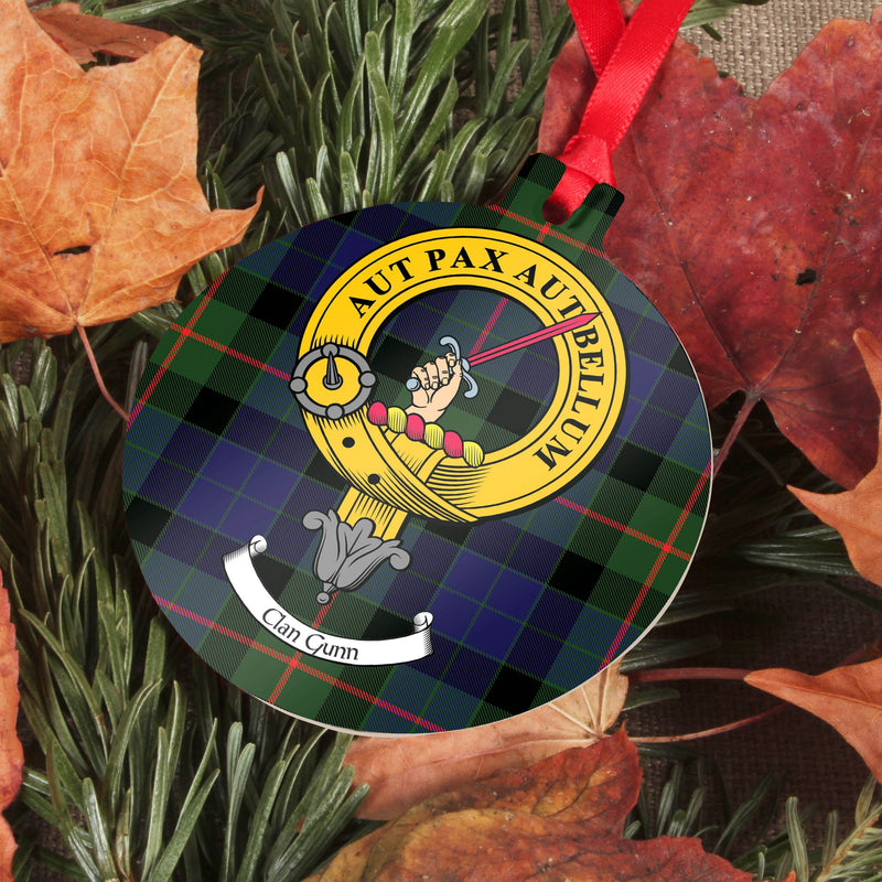 Gunn Clan Crest and Tartan Metal Christmas Ornament - 6 Styles Available