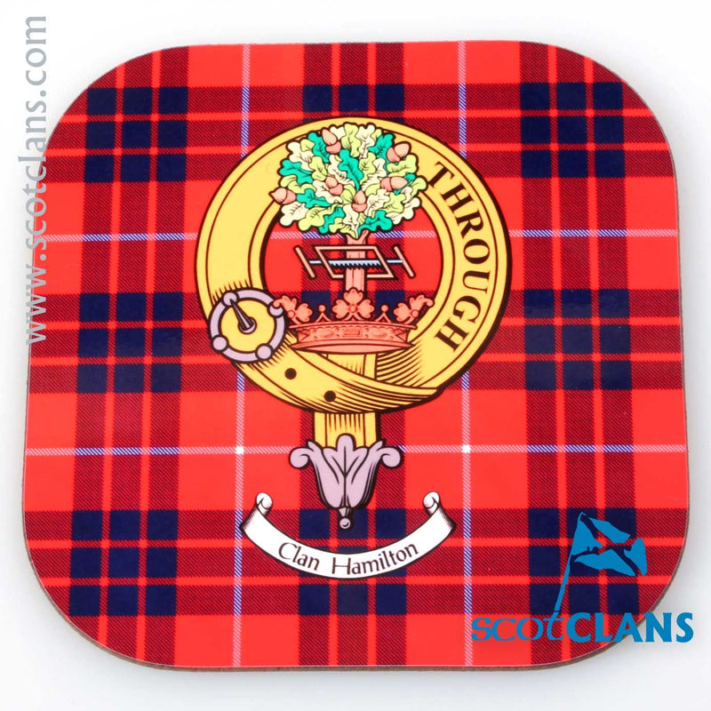 Hamilton Clan Crest and Tartan Wooden Coaster 4 Pack