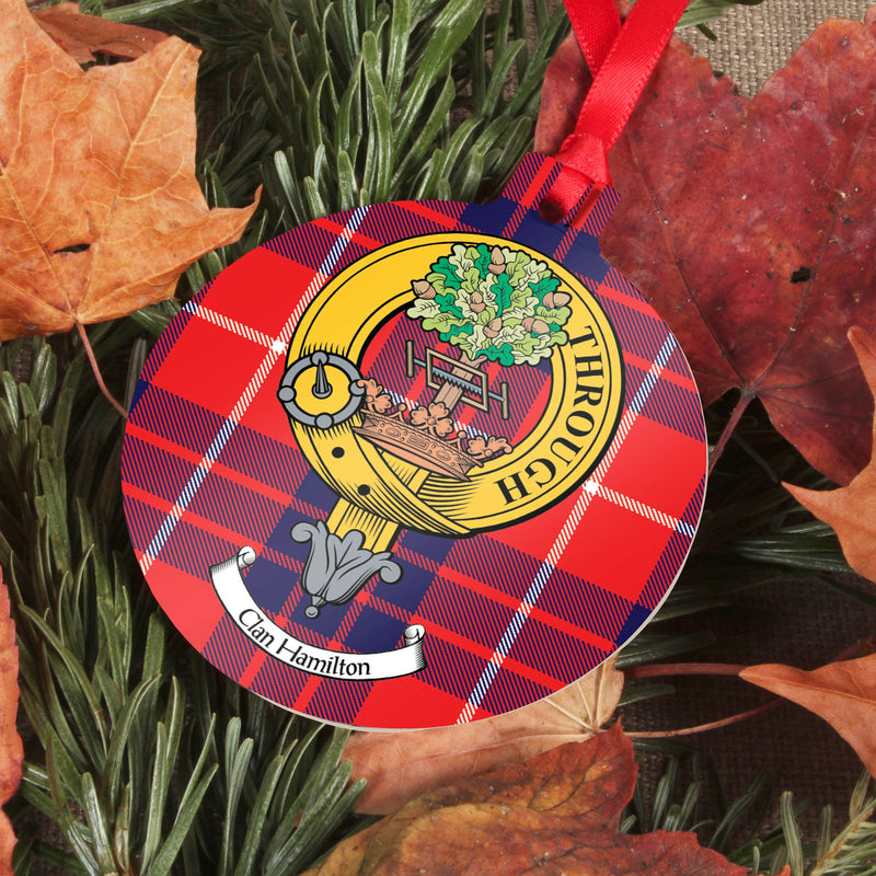 Hamilton Clan Crest and Tartan Metal Christmas Ornament - 6 Styles Available