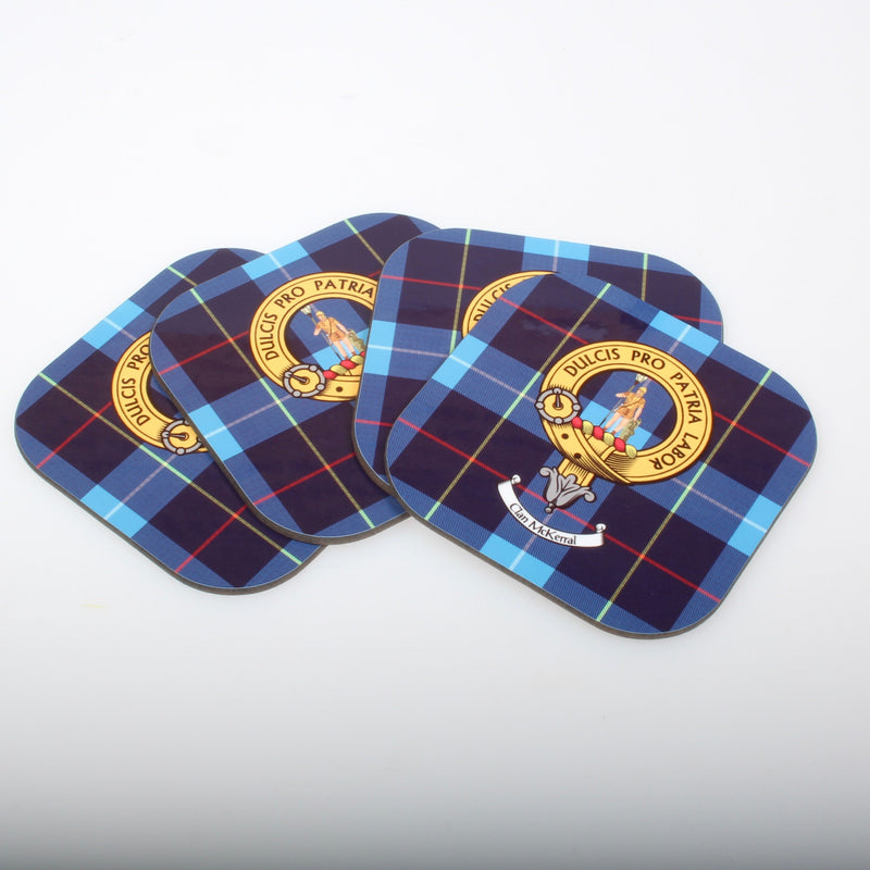 McKerral Clan Crest and Tartan Wooden Coaster 4 Pack