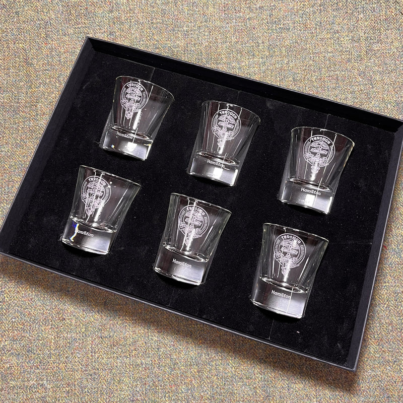 Clan Crest Dram Glass Set of 6 with Hamilton Crest