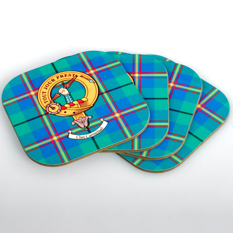 Carmichael Clan Crest and Tartan Wooden Coaster 4 Pack