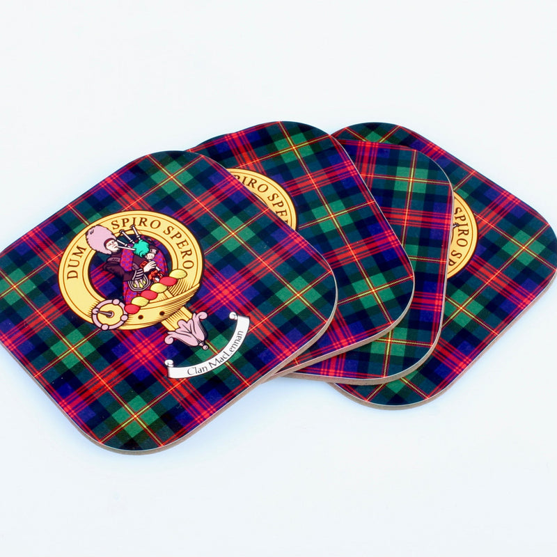 MacLennan Clan Crest and Tartan Wooden Coaster 4 Pack