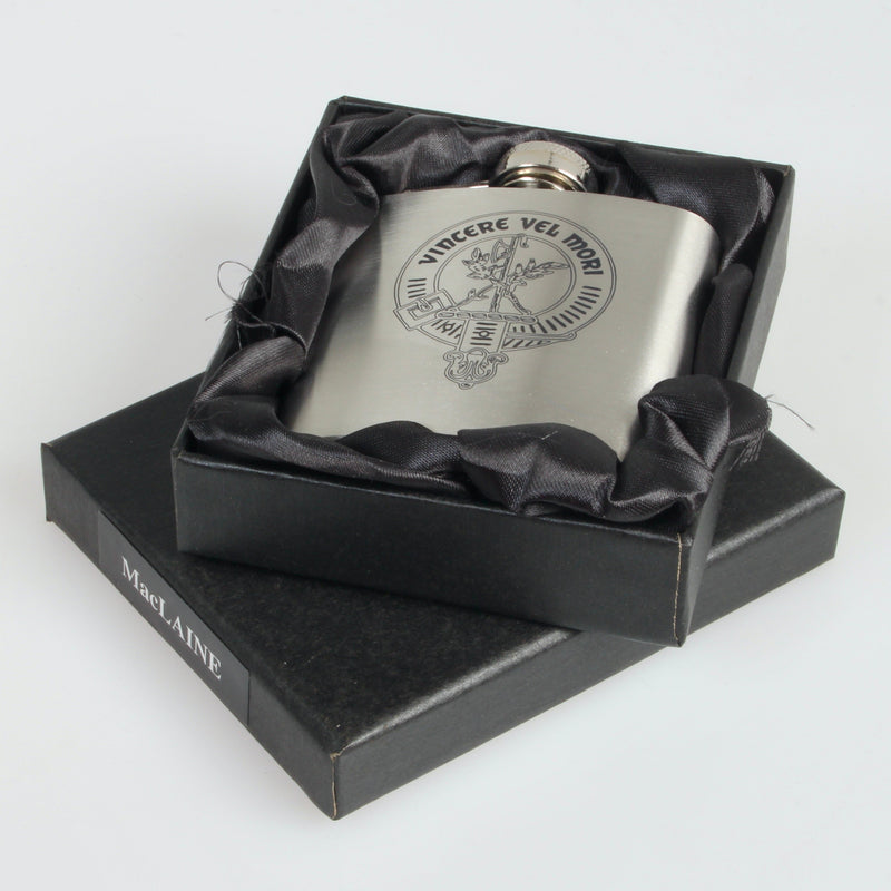 MacLaine 6oz Engraved Clan Crest Hip Flask