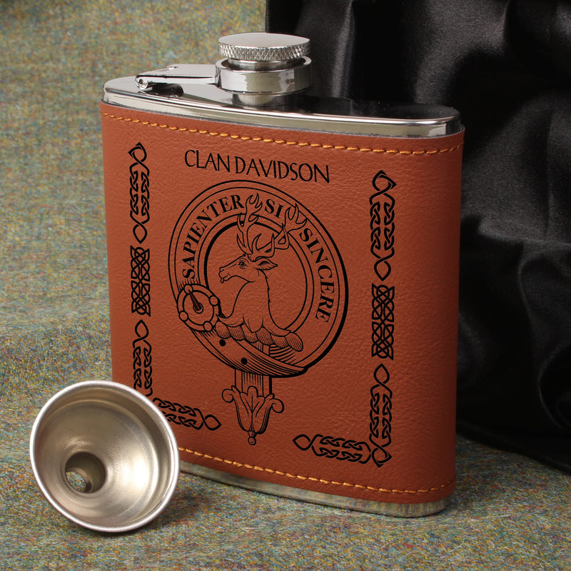 Davidson Clan Crest PU Leather Covered Hip Flask