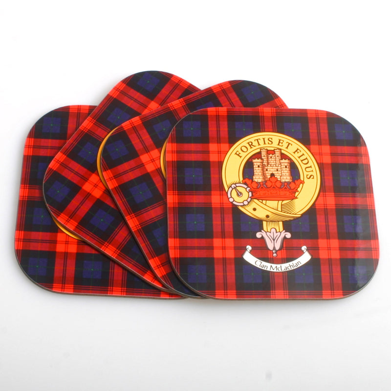 MacLachlan Clan Crest and Tartan Wooden Coaster 4 Pack